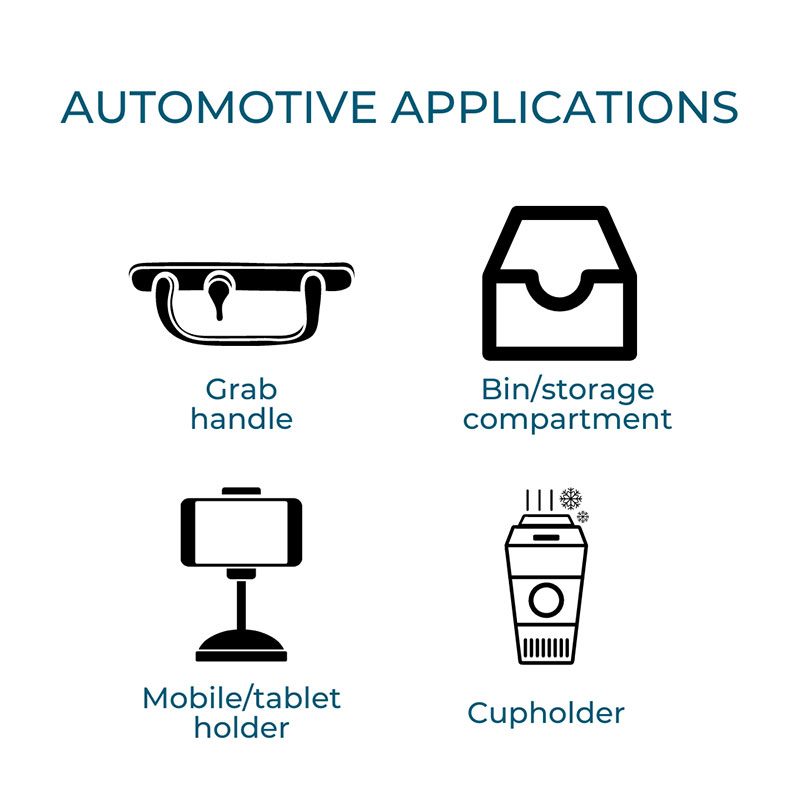 Automotive applications with BB Series dampers: grab handles, bins/storage compartments, mobile and tablet holders, cupholders 